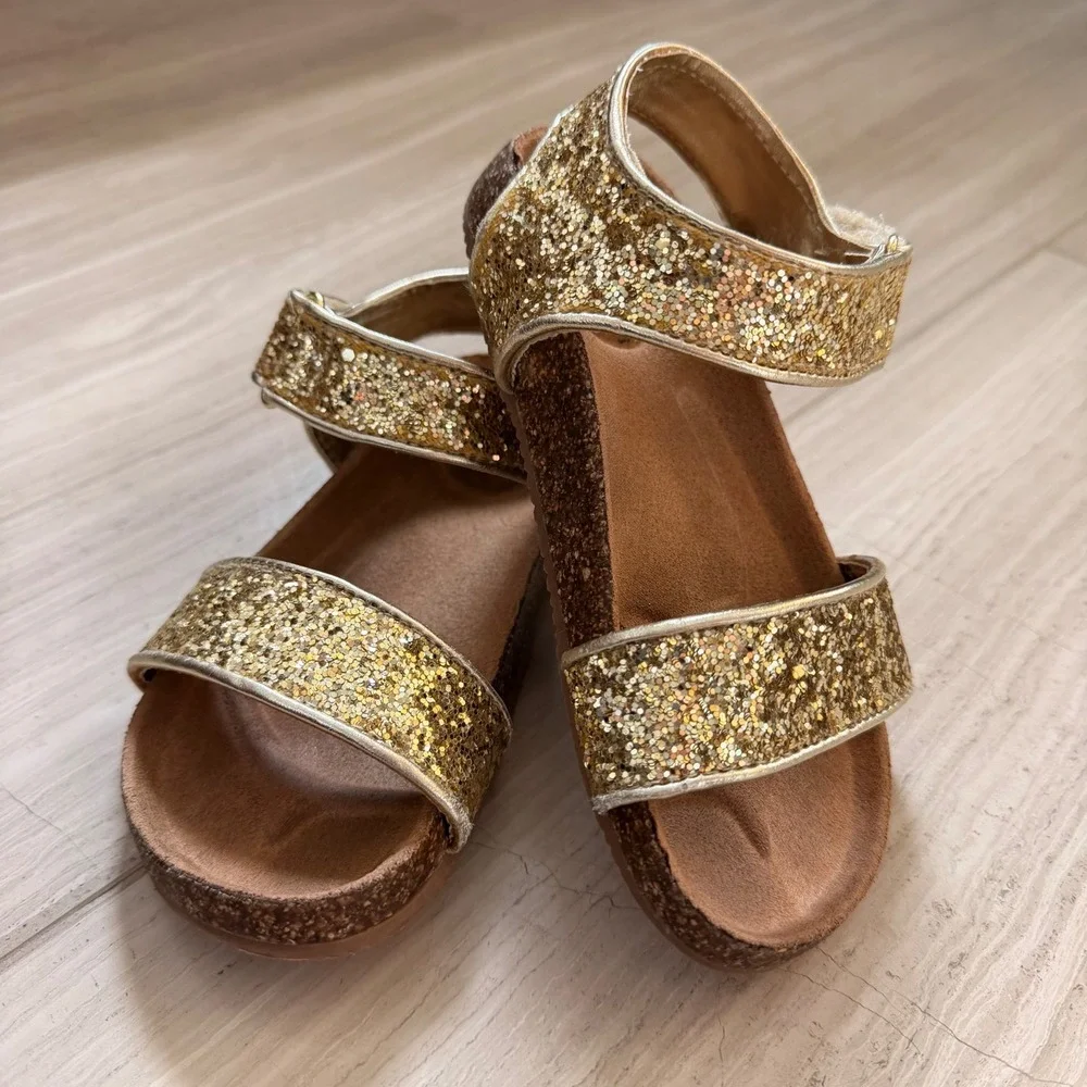J.Crew Crewcuts Glitter Cork Sandals Gold Glam Vacation Going Out AV747 K10 EUC